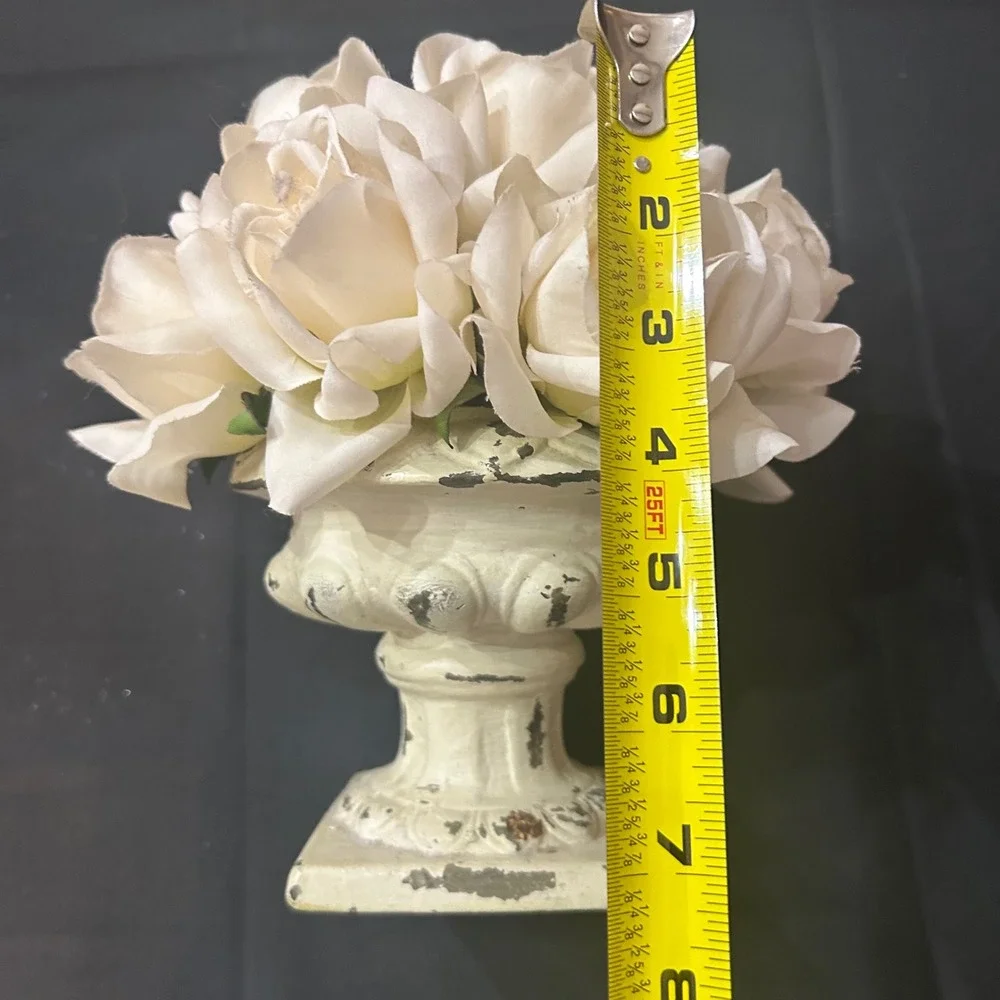 Distressed Cream Urn Planter w/White Faux Roses French Country Floral Home Decor